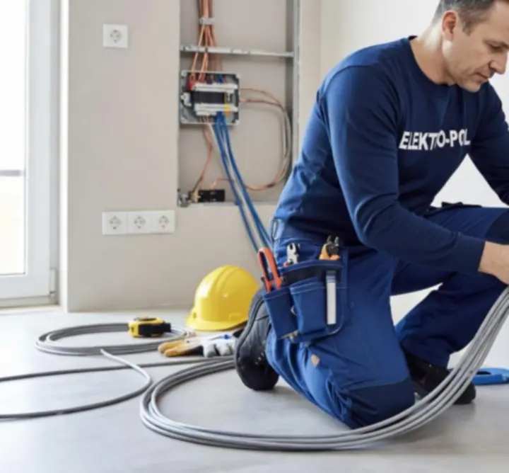 Elektryk montujący instalację elektryczną w nowoczesnym biurze