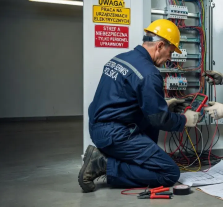 Elektryk HAL-WEK podczas usuwania awarii instalacji elektrycznej w firmie