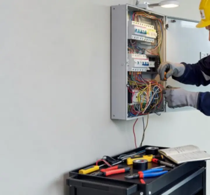 Elektryk HAL-WEK pracujący przy rozdzielnicy elektrycznej z zachowaniem zasad bezpieczeństwa