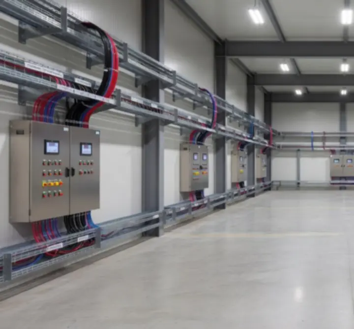 Instalacja elektryczna w hali przemysłowej z rozprowadzoną mocą i oświetleniem