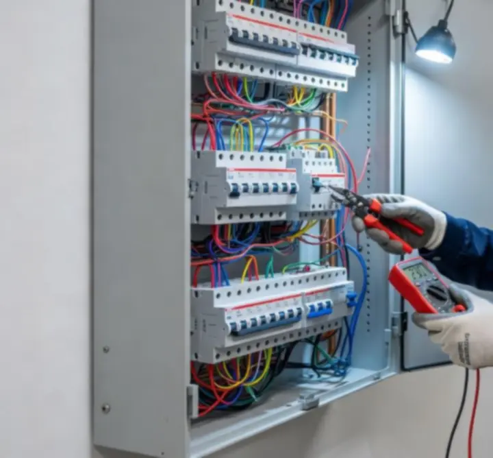 Elektryk pracujący przy tablicy rozdzielczej podczas modernizacji instalacji
