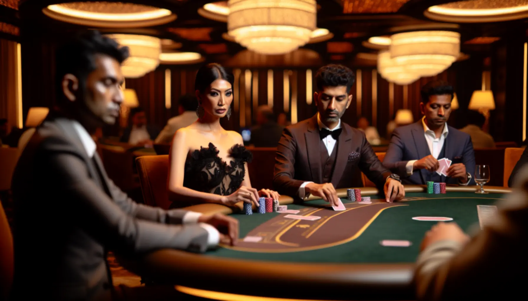 Luxurious poker table with cards and golden chips