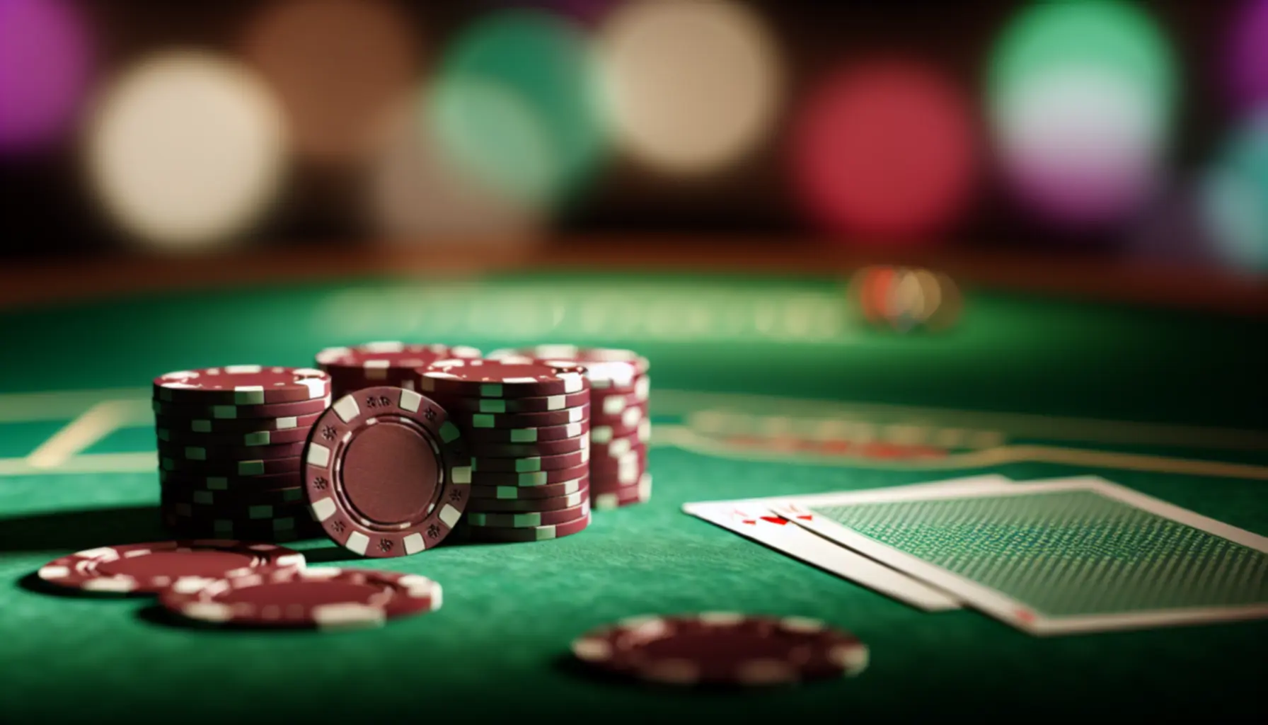 Neatly stacked poker chips in a luxury casino setting