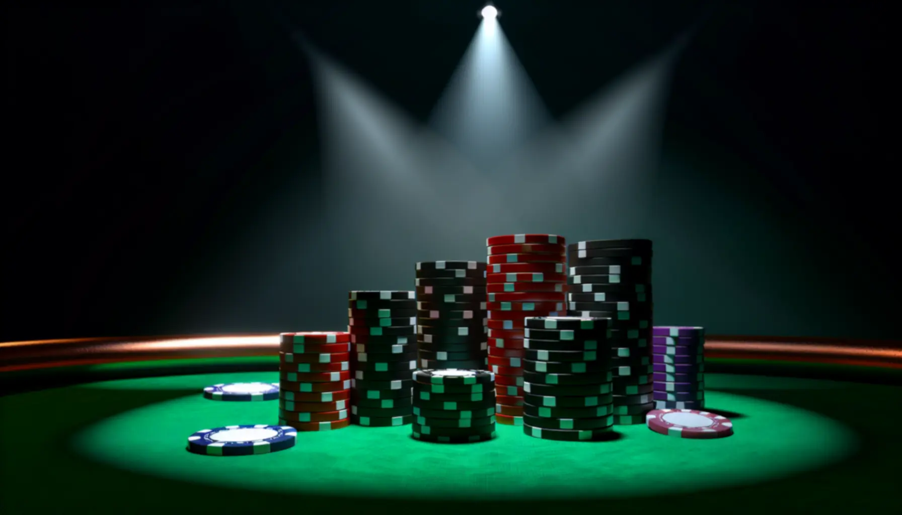 Poker chips under warm spotlight in a luxury event room