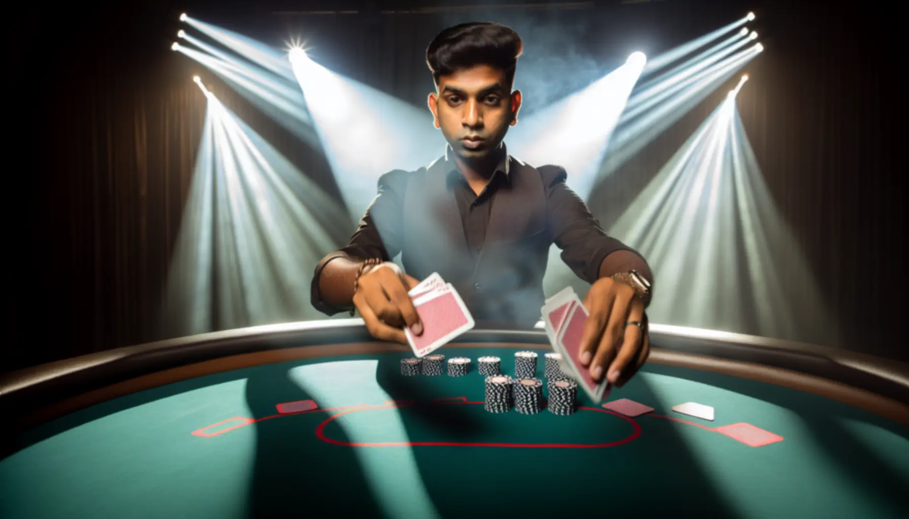 Professional poker dealer in action at a tournament table